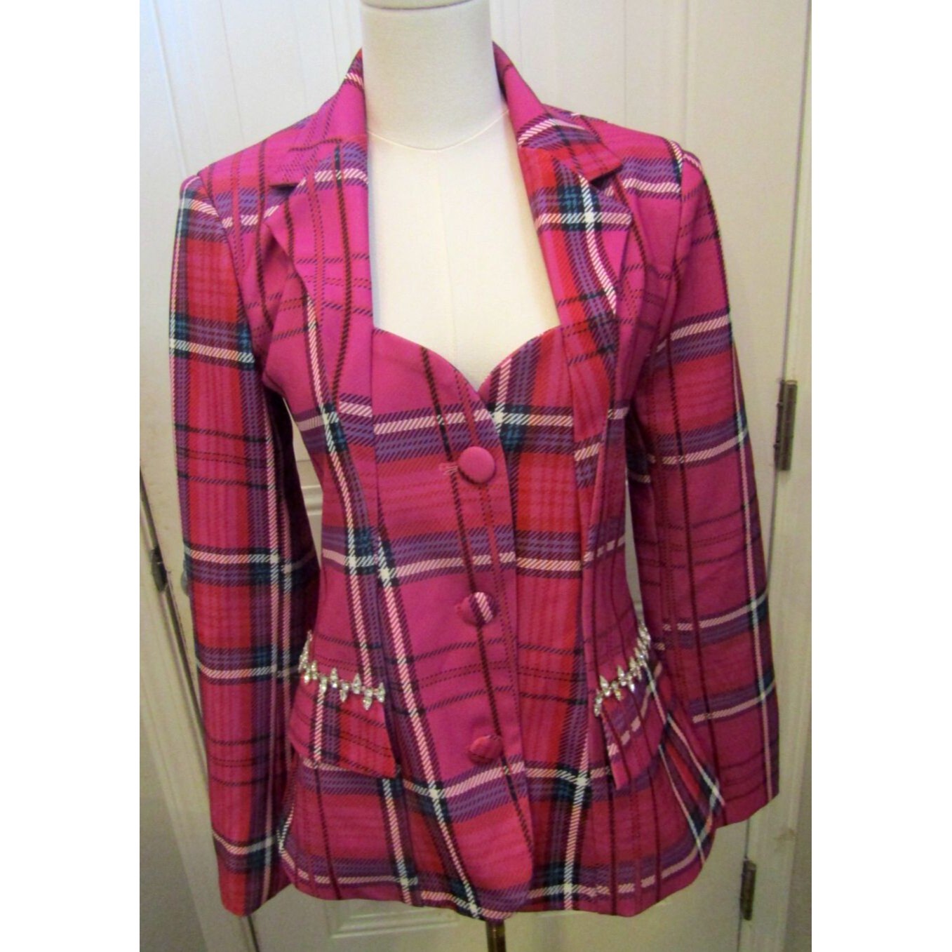 Luxedress Opal Blazer Pink Plaid Lined Rhinestones Pockets Retail $167 Size M — image 3 of 8